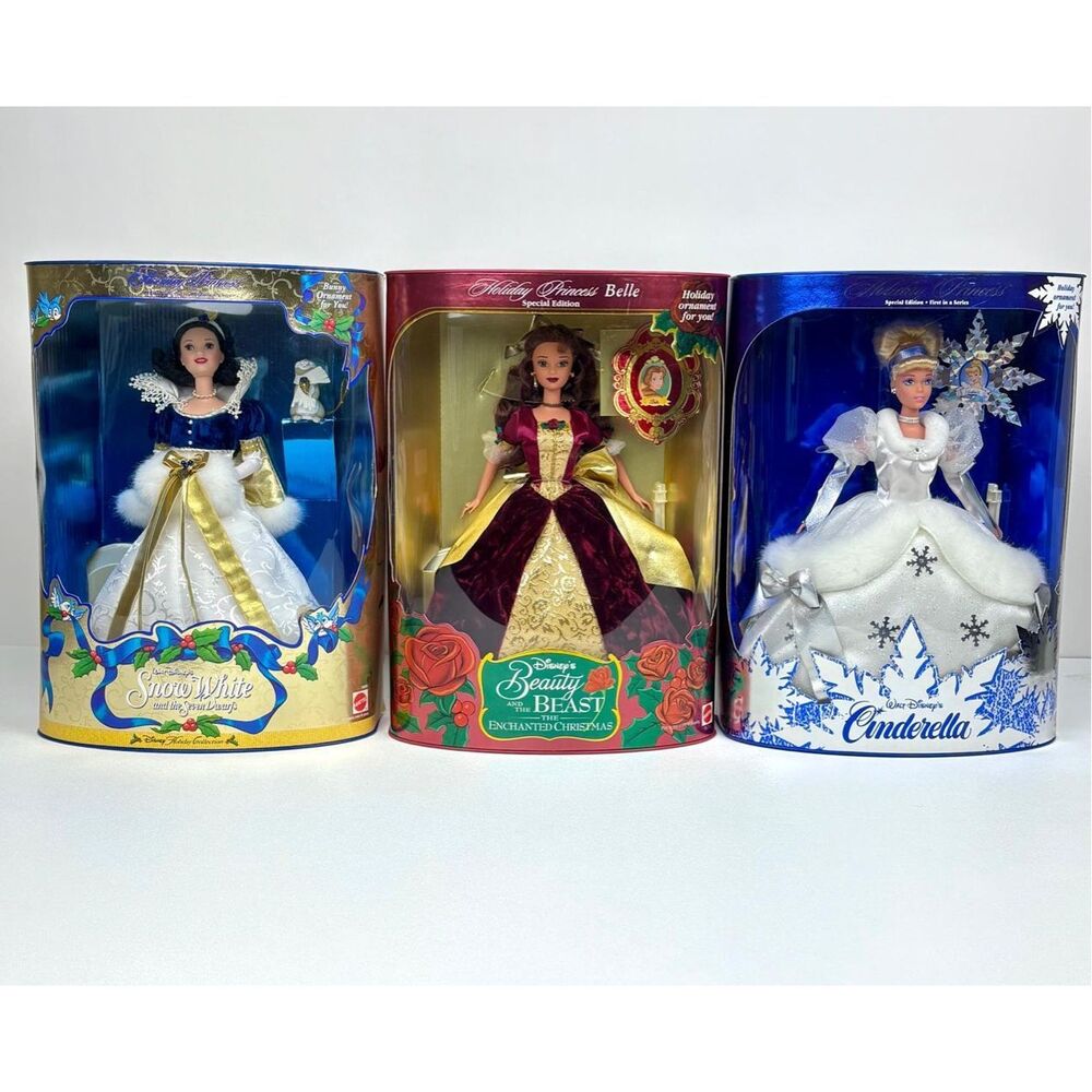 NEW 1990s Disney Holiday Princess Cinderella Snow White Belle Barbie Doll Lot